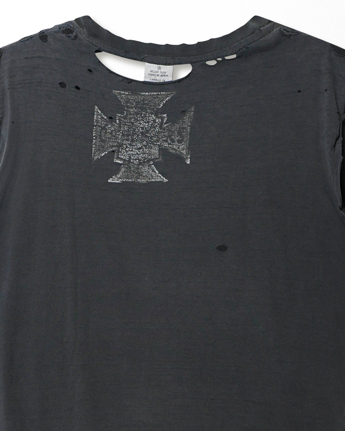 CHOPPER WEAR "IRON CROSS" NAVY FADED SLEEVELESS THRASHED T-SHIRT