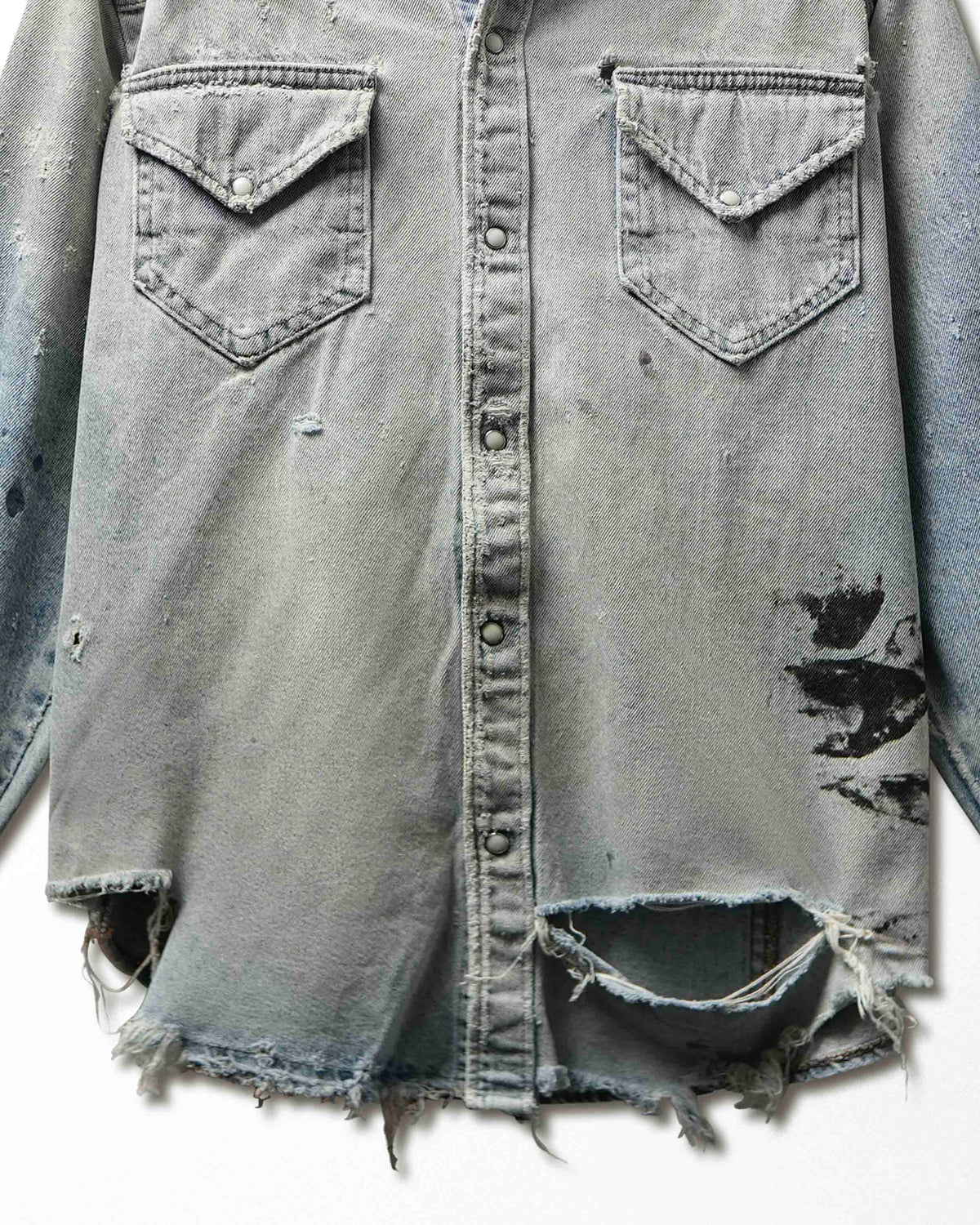 Vintage Light Wash Distressed Thrashed Denim Shirt - product view 3