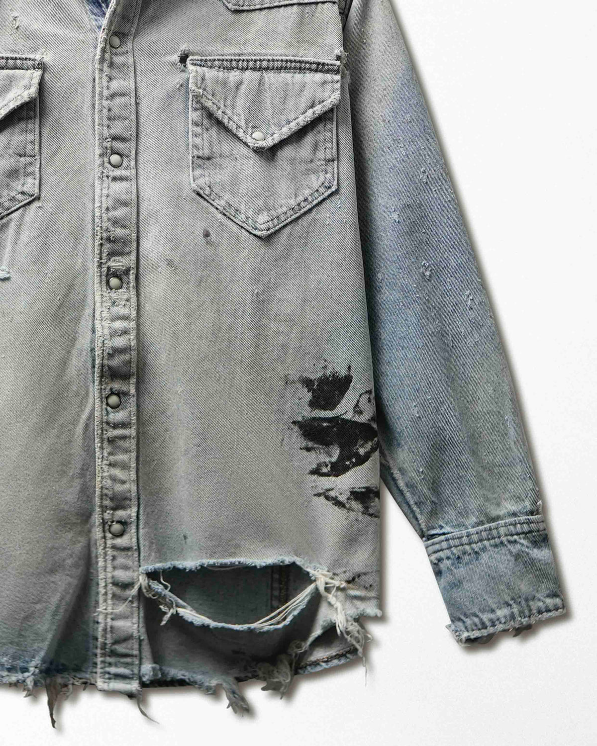 Vintage Light Wash Distressed Thrashed Denim Shirt - product view 5