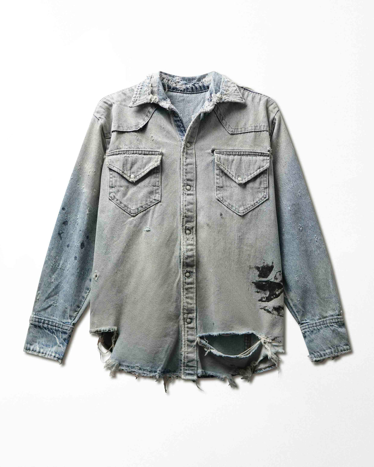 Vintage Light Wash Distressed Thrashed Denim Shirt - product view 1
