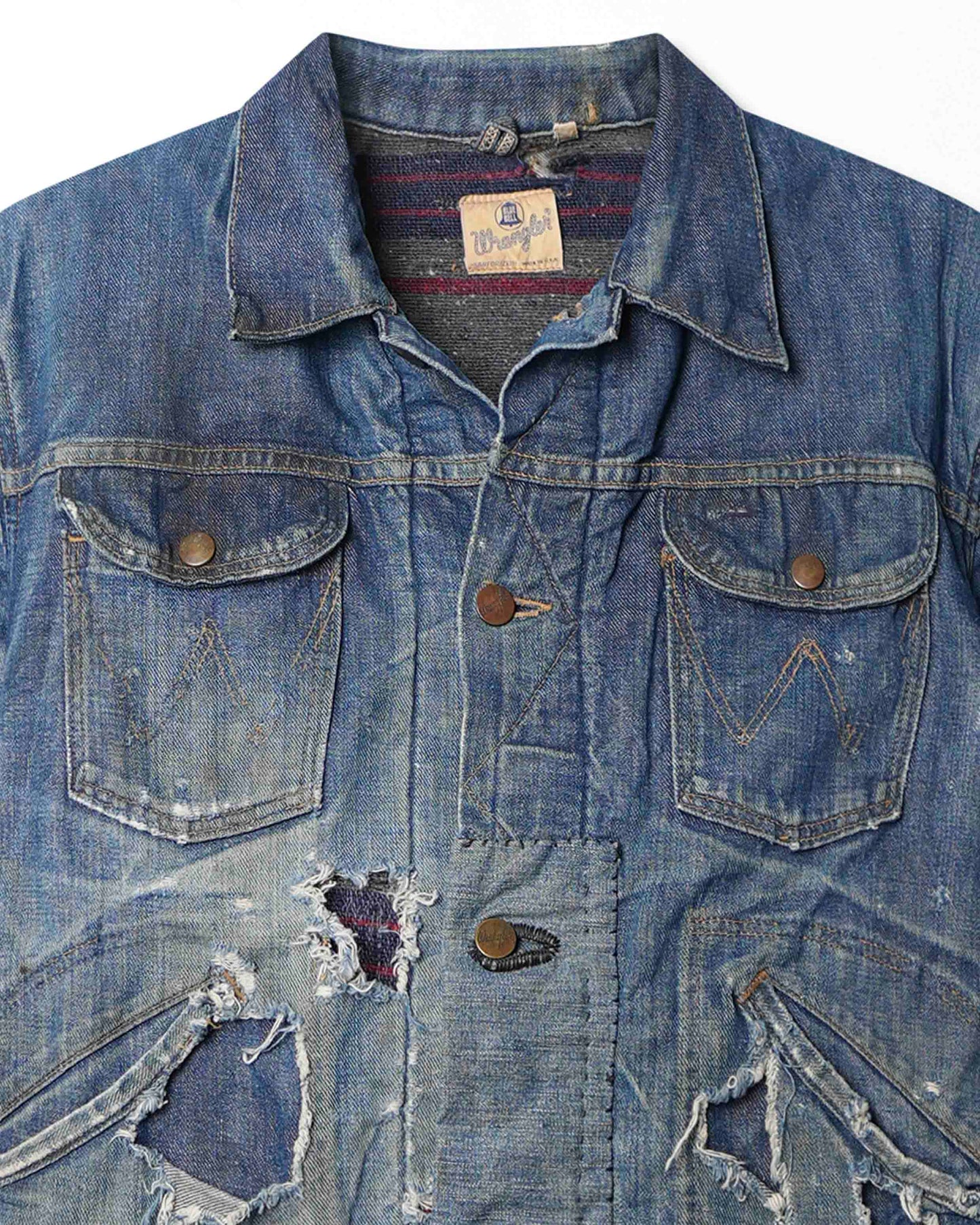 WRANGLER DARK WASH FADED THRASHED LINED DENIM JACKET