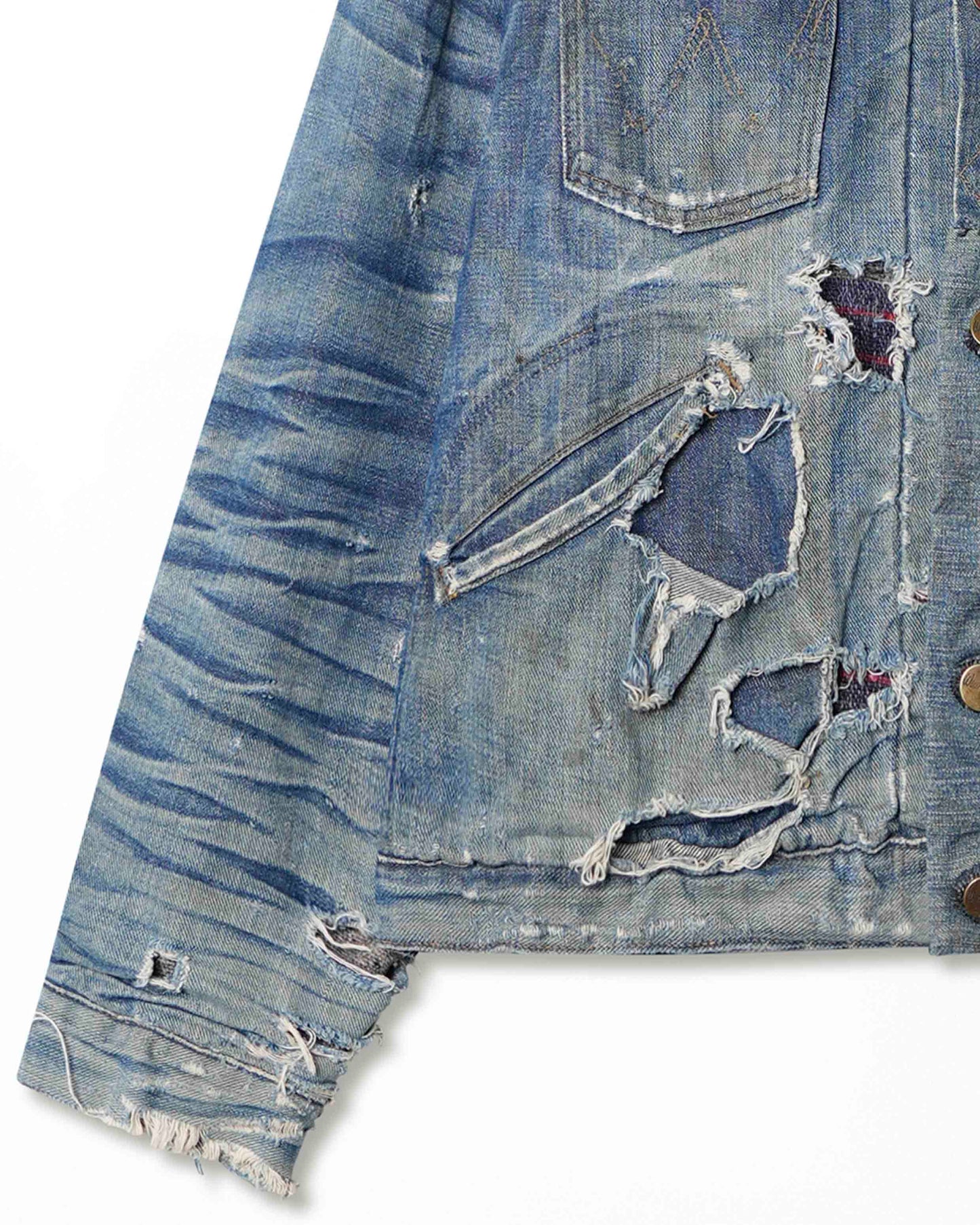 WRANGLER DARK WASH FADED THRASHED LINED DENIM JACKET
