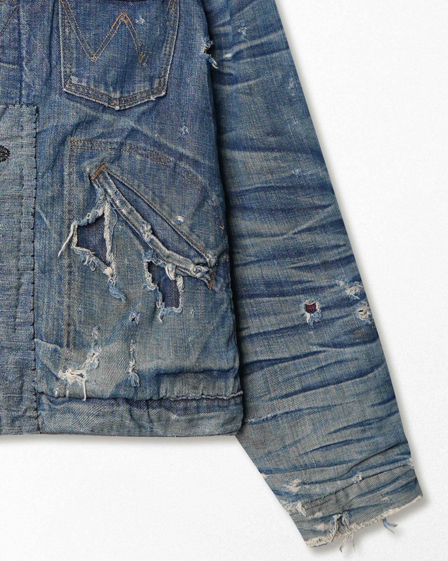 WRANGLER DARK WASH FADED THRASHED LINED DENIM JACKET