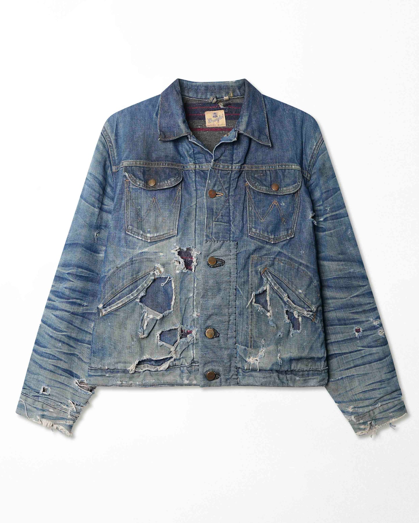 WRANGLER DARK WASH FADED THRASHED LINED DENIM JACKET