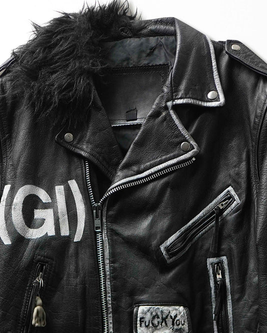 Vintage "Misfits" Black Painted Fur Collar Leather Jacket - product view 2
