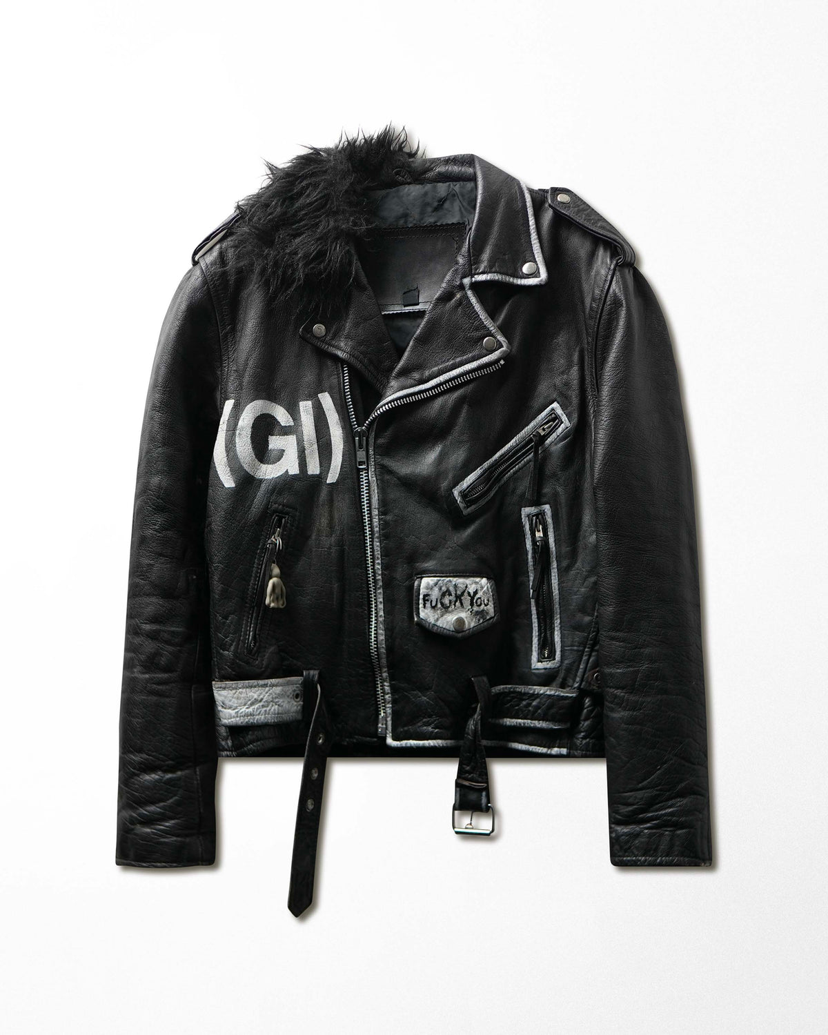 Vintage "Misfits" Black Painted Fur Collar Leather Jacket - product view 1