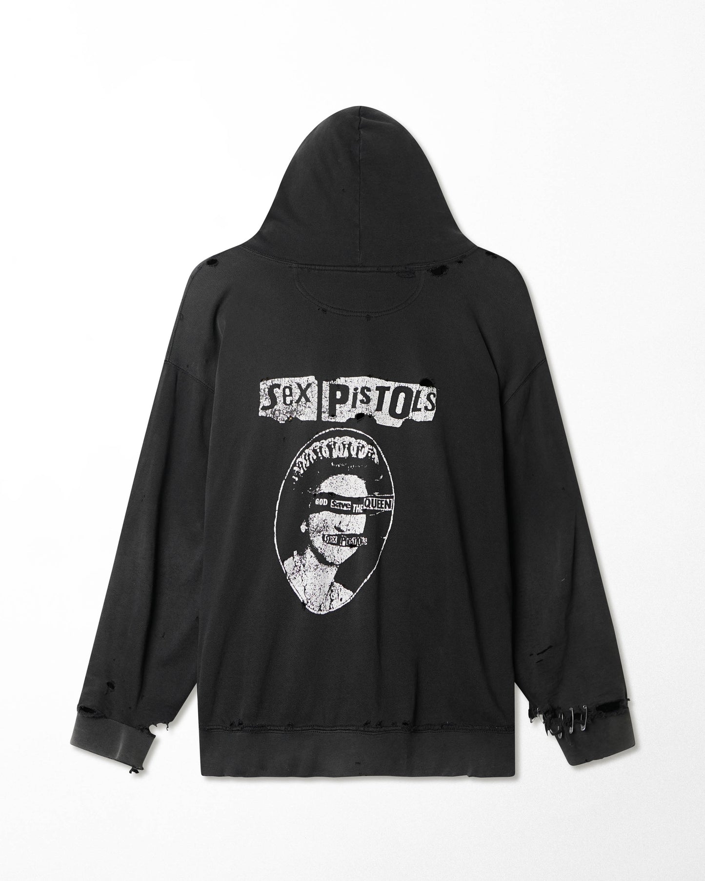 "SEX PISTOLS GOD SAVE THE QUEEN" BLACK FADED THRASHED HOODIE