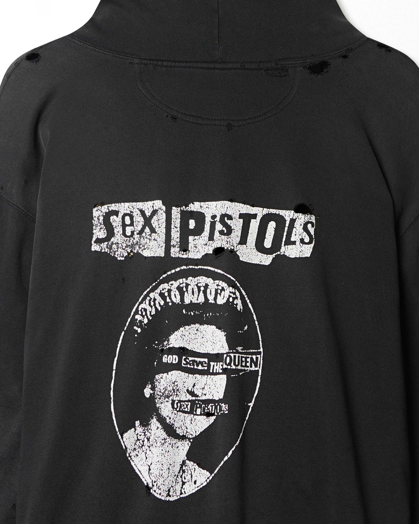 "SEX PISTOLS GOD SAVE THE QUEEN" BLACK FADED THRASHED HOODIE