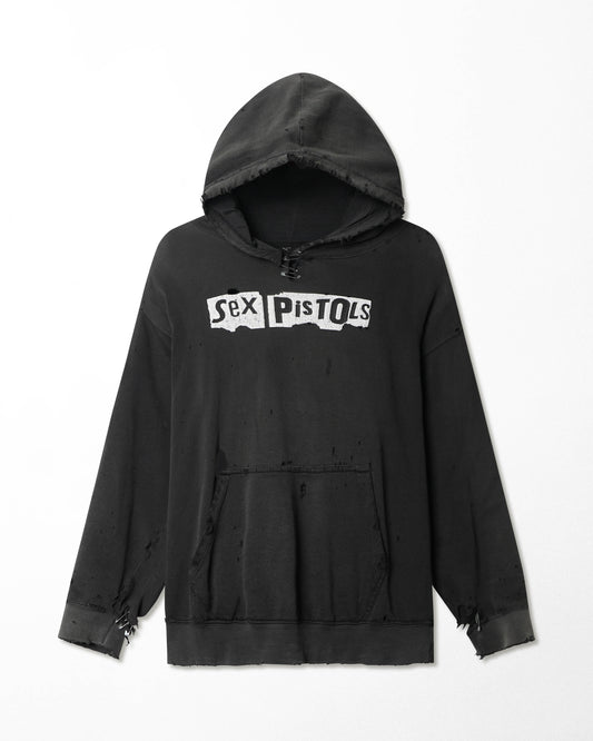 "SEX PISTOLS GOD SAVE THE QUEEN" BLACK FADED THRASHED HOODIE