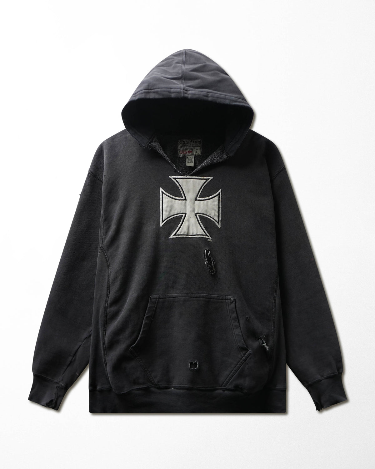 Vintage Steve & Barry's "Iron Cross" Black Faded Distressed Hoodie - product view 1