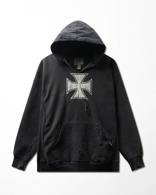 Vintage Steve & Barry's "Iron Cross" Black Faded Distressed Hoodie - product view 1