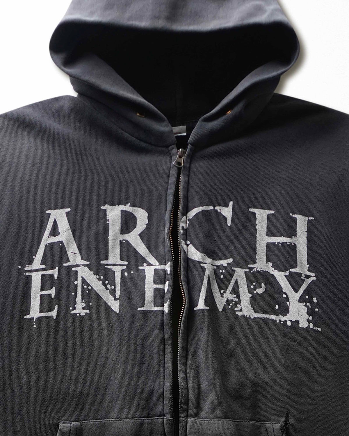 Vintage Fruit of the Loom "Arch Enemy" Charcoal Faded Sleeveless Broken Zip Hoodie - product view 2
