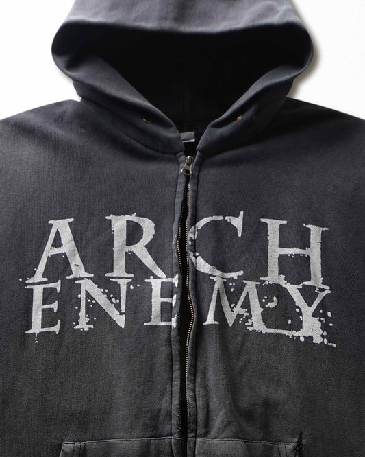 Vintage Fruit of the Loom "Arch Enemy" Charcoal Faded Sleeveless Broken Zip Hoodie - product view 2