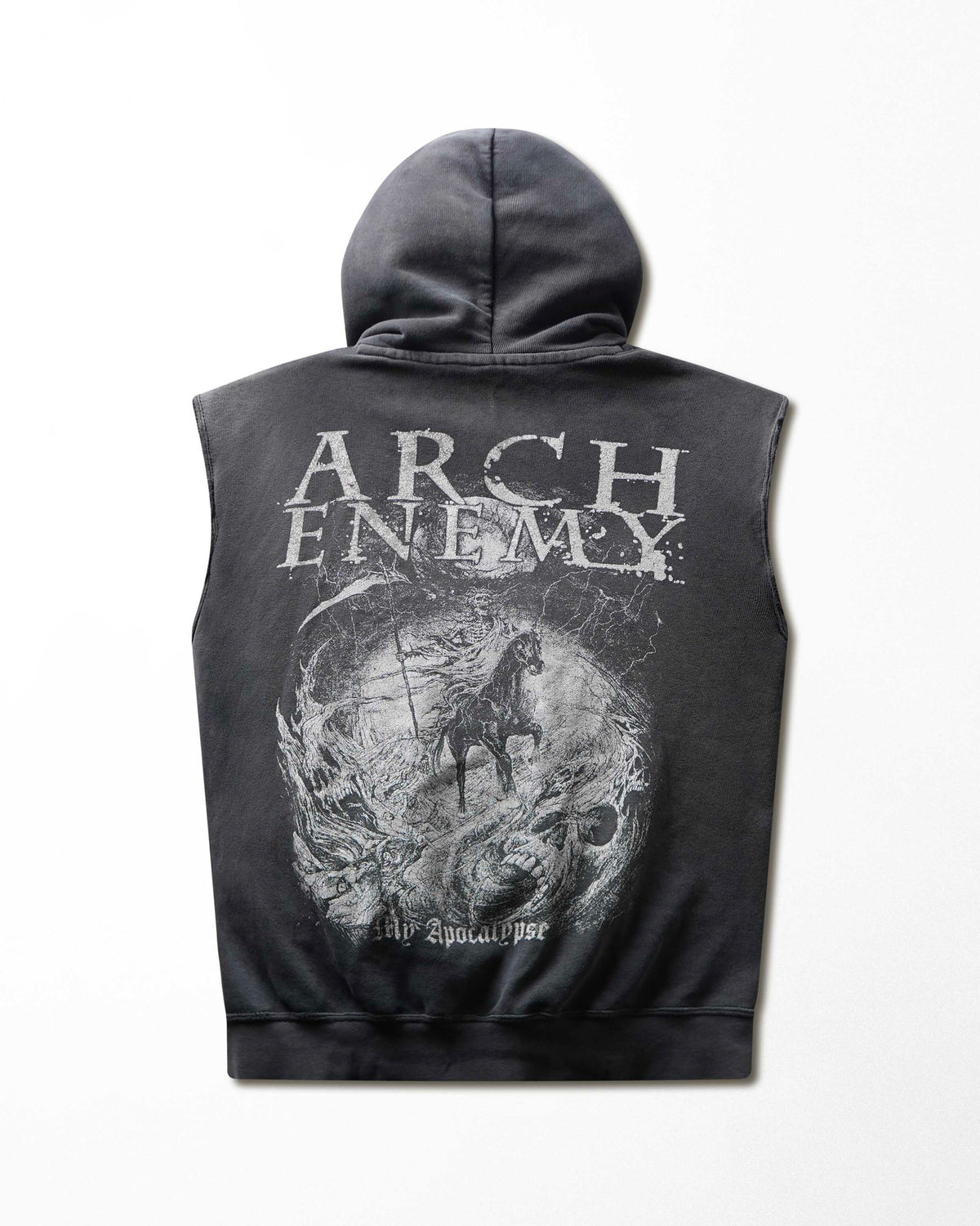 Vintage Fruit of the Loom "Arch Enemy" Charcoal Faded Sleeveless Broken Zip Hoodie - product view 4