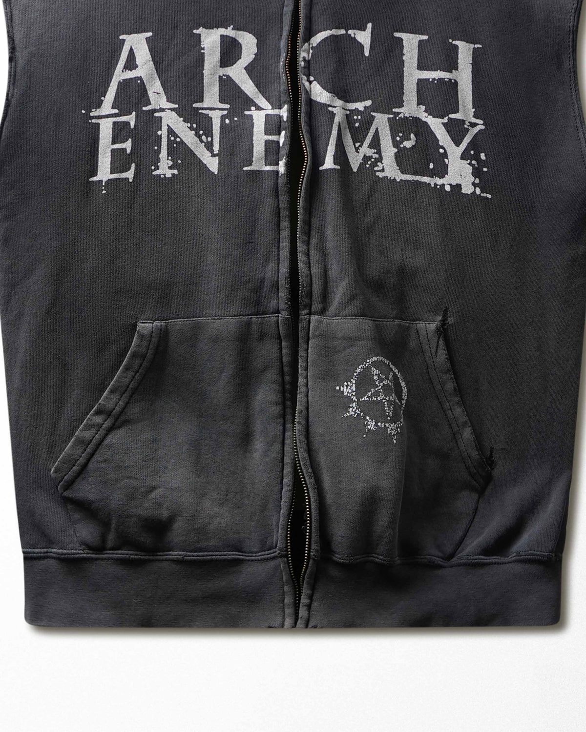 Vintage Fruit of the Loom "Arch Enemy" Charcoal Faded Sleeveless Broken Zip Hoodie - product view 3