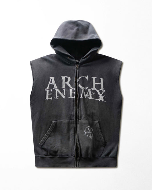 Vintage Fruit of the Loom "Arch Enemy" Charcoal Faded Sleeveless Broken Zip Hoodie - product view 1