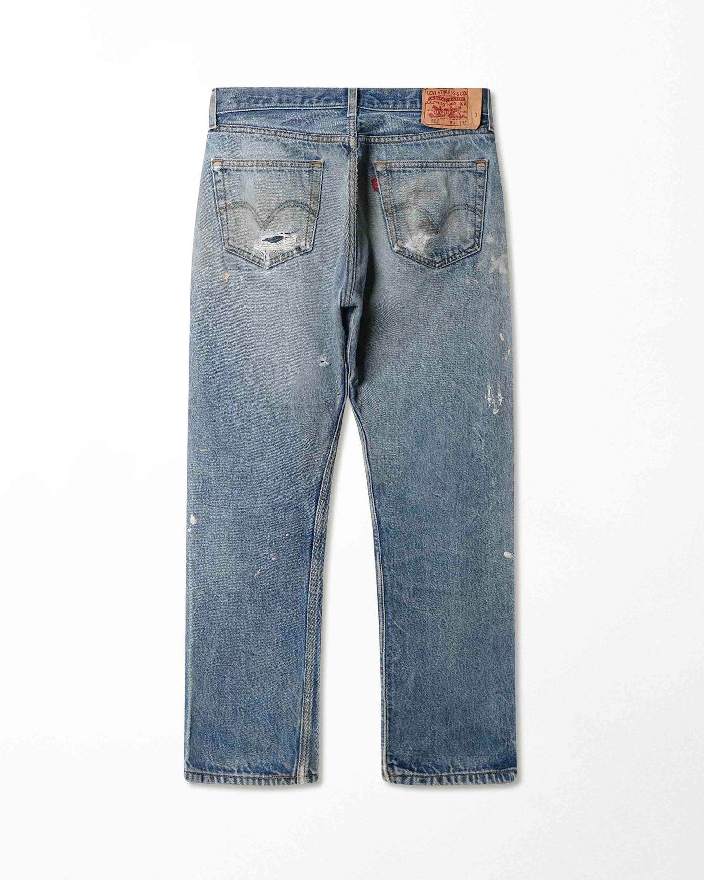 LEVI'S 501 MID-WASH STAINED DISTRESSED JEANS
