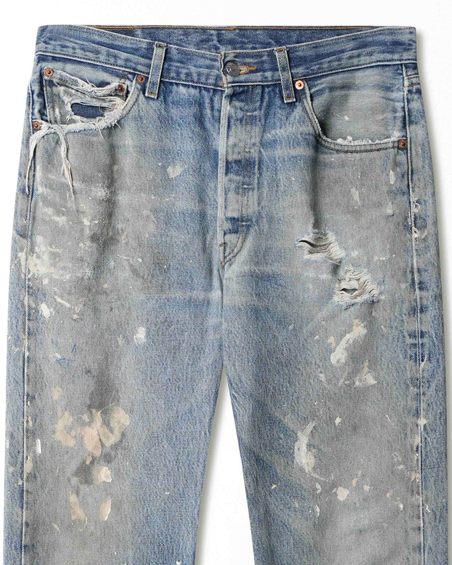 LEVI'S 501 MID-WASH STAINED DISTRESSED JEANS