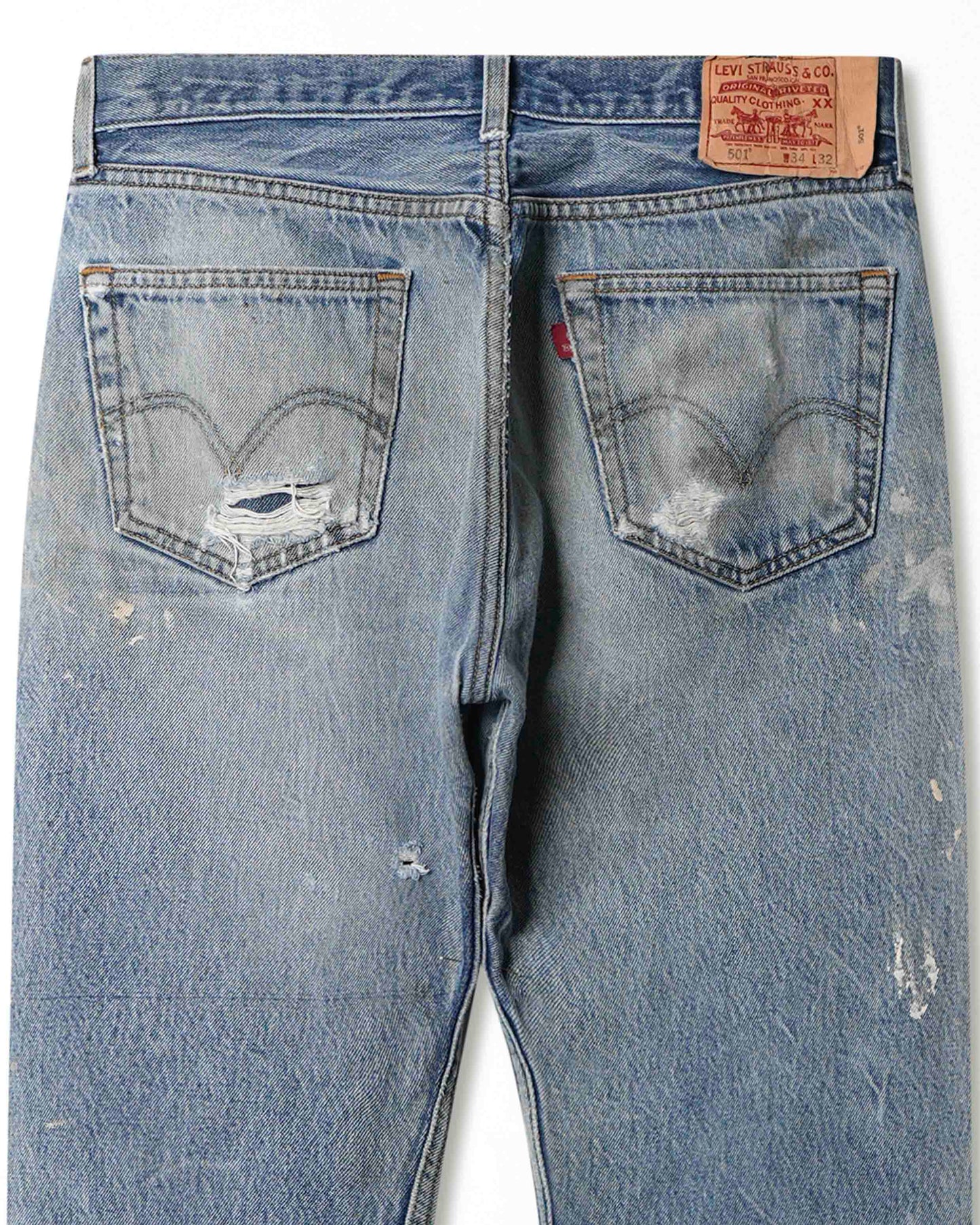 LEVI'S 501 MID-WASH STAINED DISTRESSED JEANS