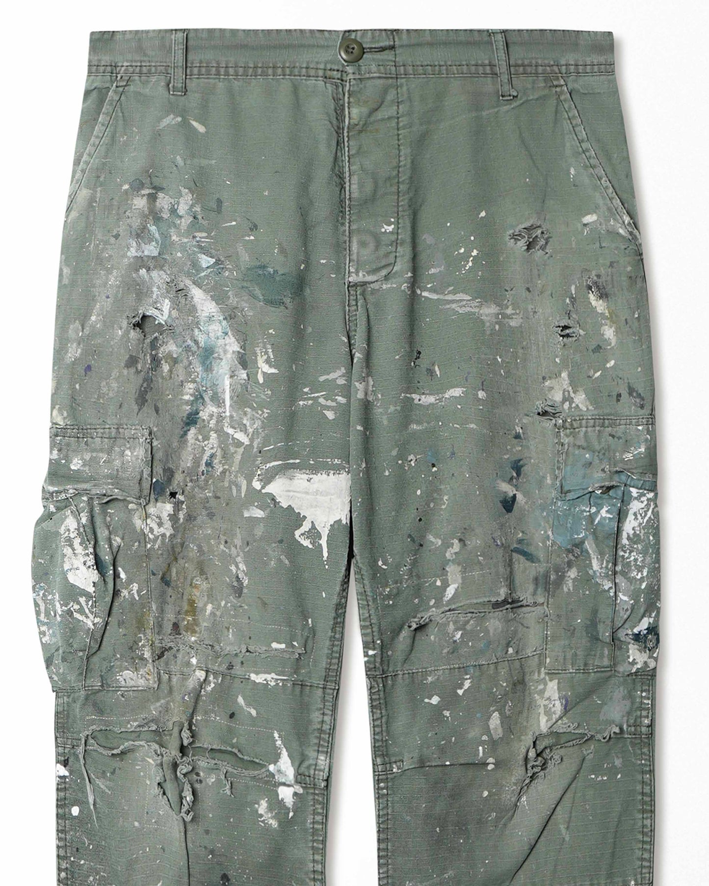 NO-COMPLY GREEN PAINTED DISTRESSED CARGO PANTS