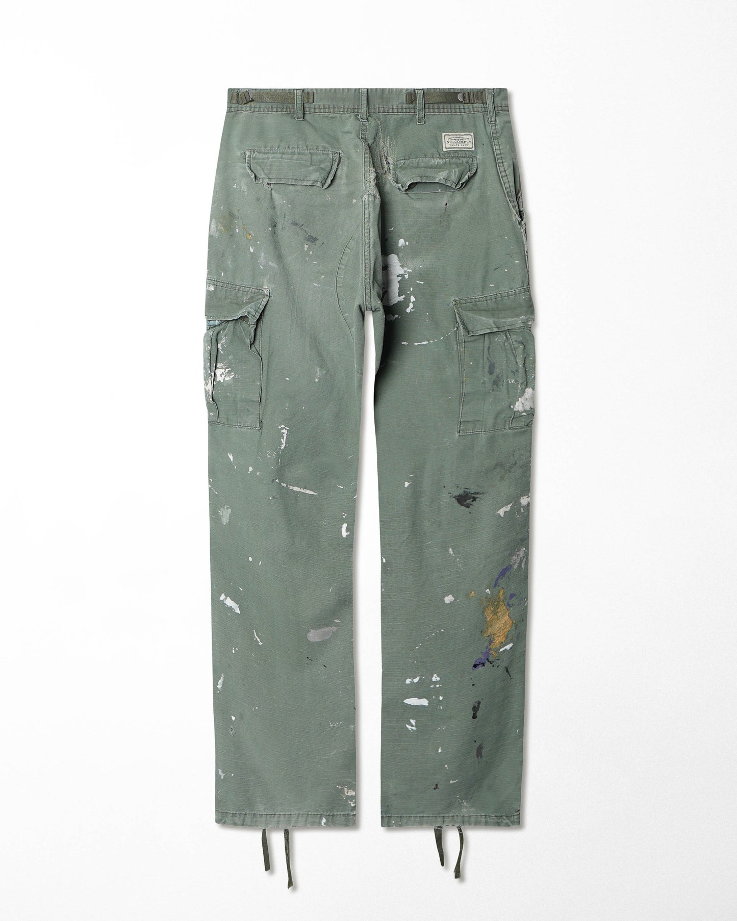 NO-COMPLY GREEN PAINTED DISTRESSED CARGO PANTS
