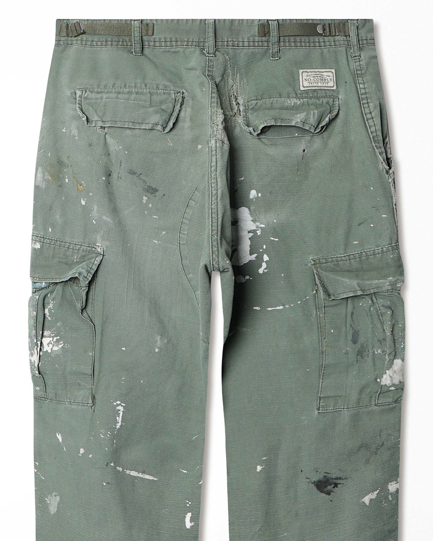 NO-COMPLY GREEN PAINTED DISTRESSED CARGO PANTS