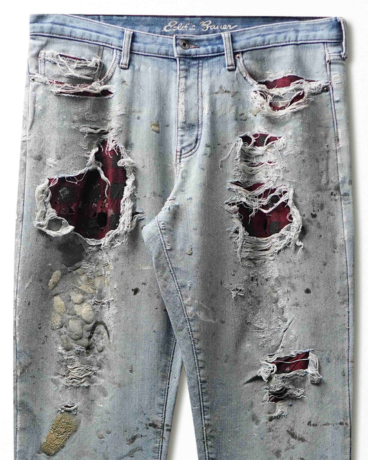Vintage Eddie Bauer Light Wash Plaid Lined Thrashed Jeans - product view 2