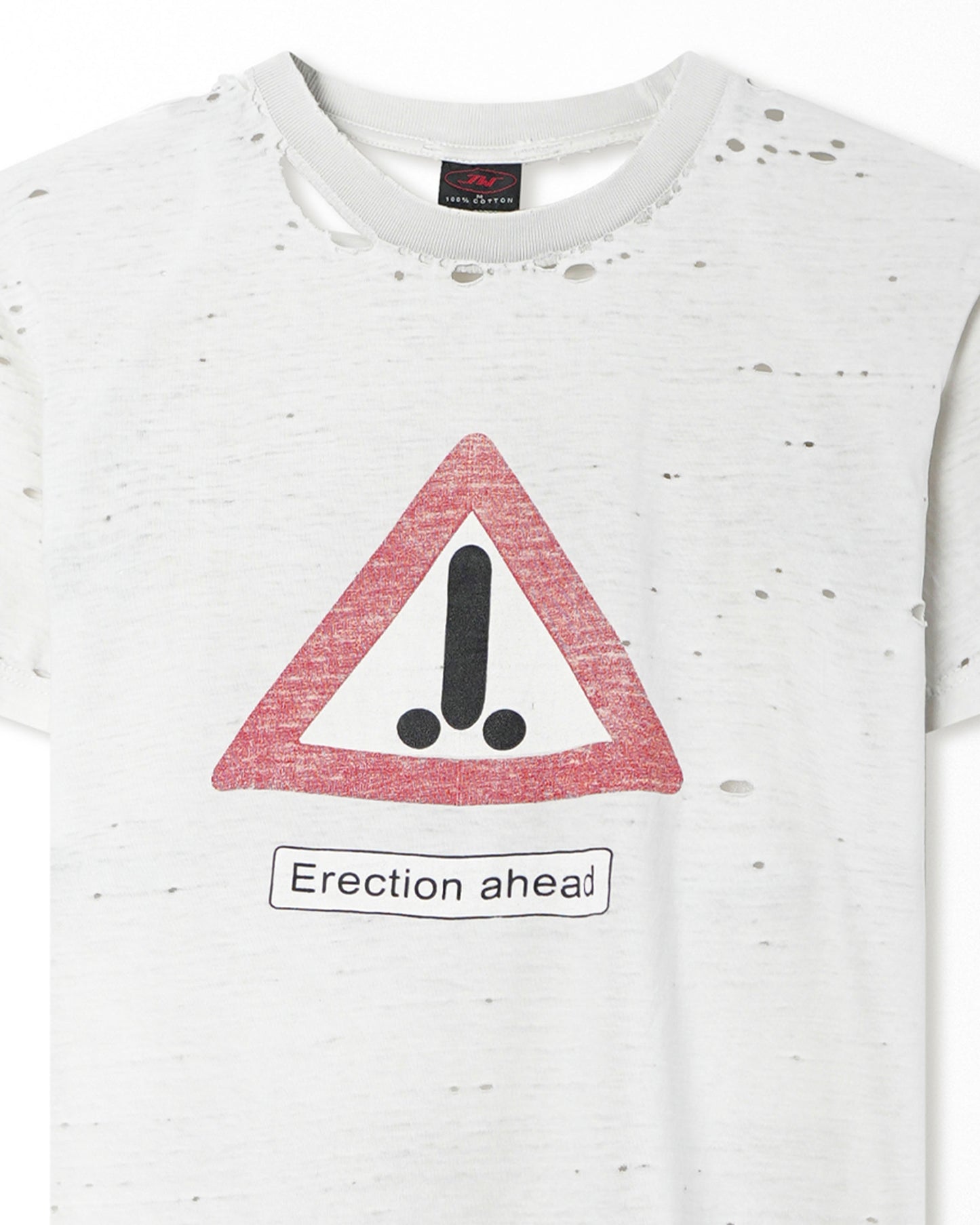 JW "ERECTION AHEAD" WHITE THRASHED T-SHIRT