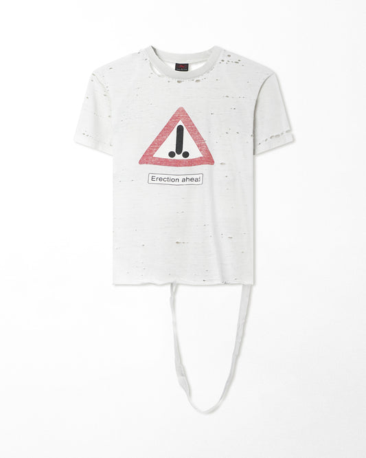 JW "ERECTION AHEAD" WHITE THRASHED T-SHIRT