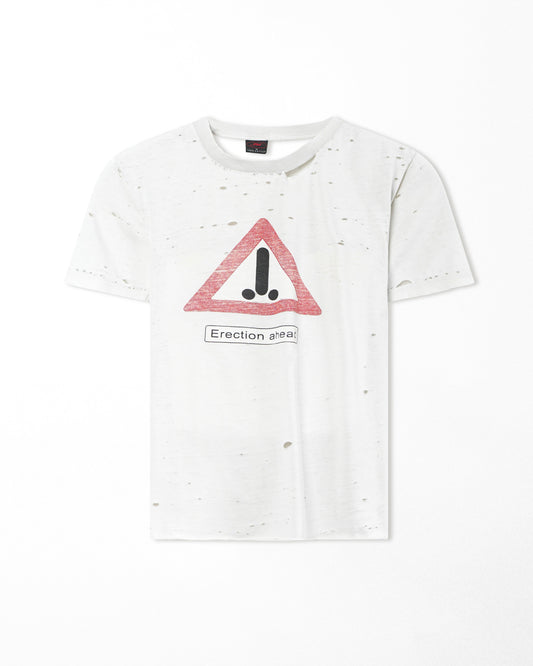 JW "ERECTION AHEAD" WHITE THRASHED T-SHIRT