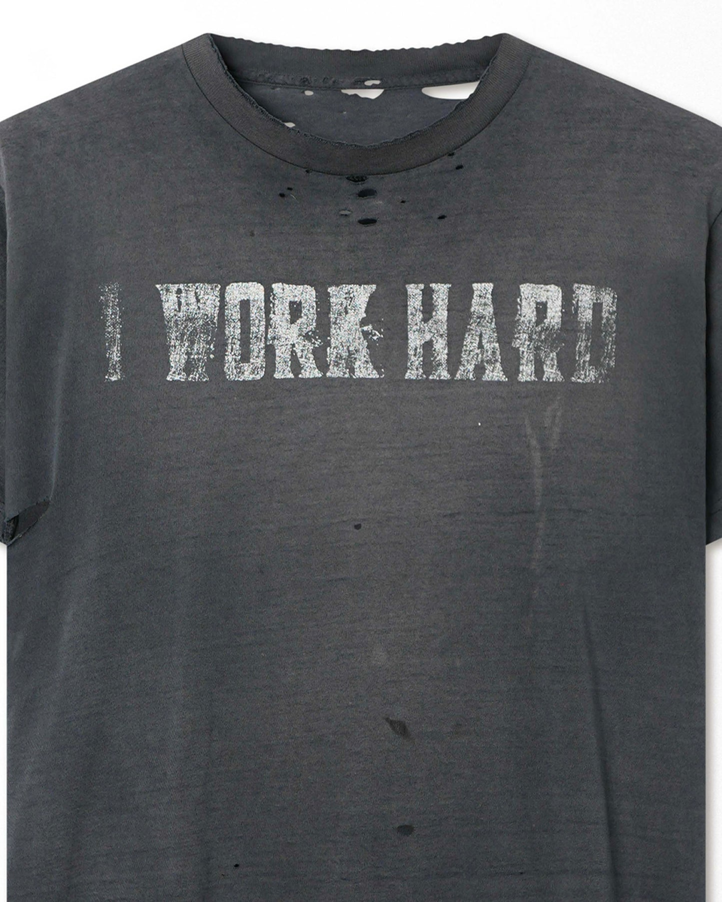 "I WORK HARD" BLACK FADED THRASHED T-SHIRT
