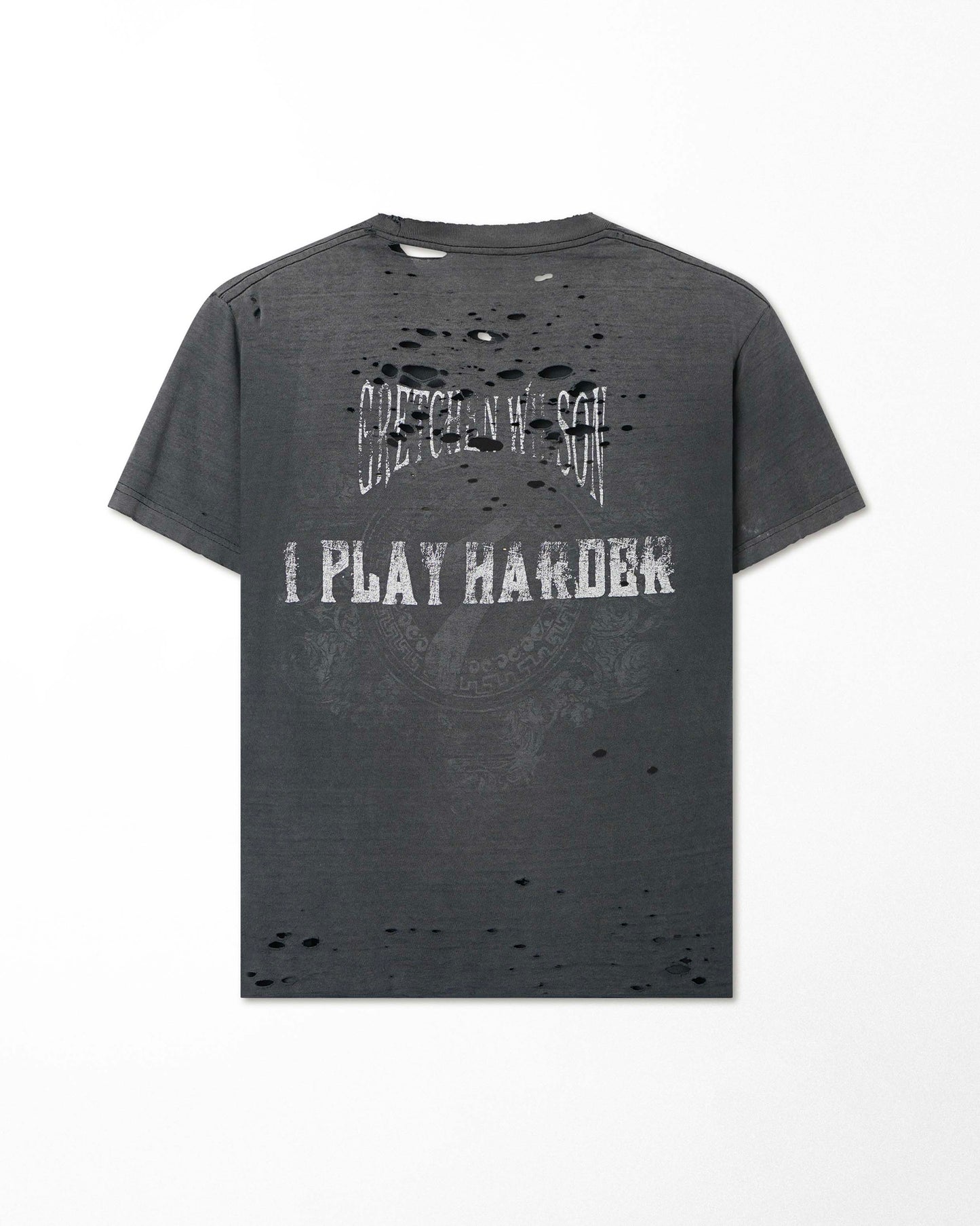 "I WORK HARD" BLACK FADED THRASHED T-SHIRT