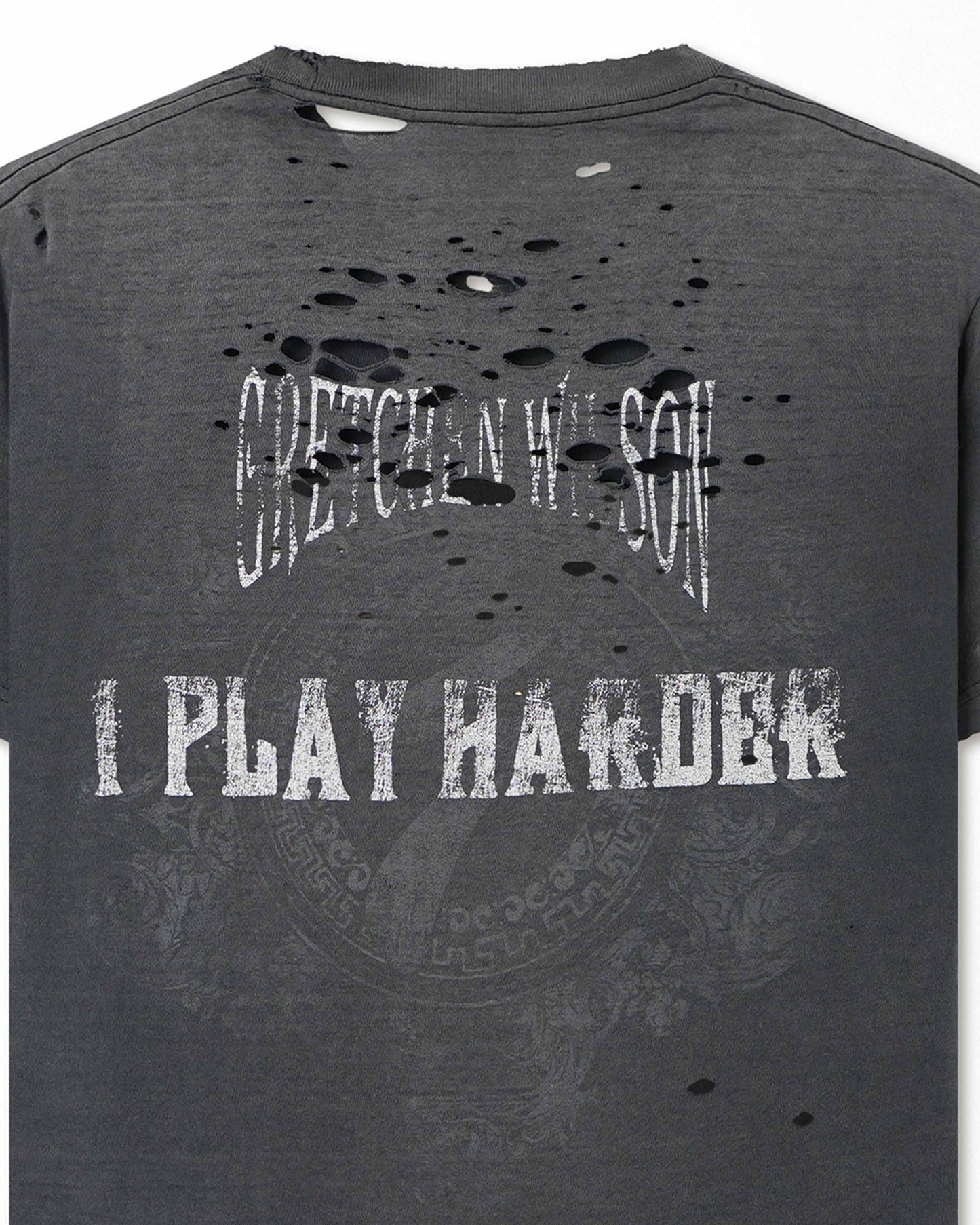 "I WORK HARD" BLACK FADED THRASHED T-SHIRT