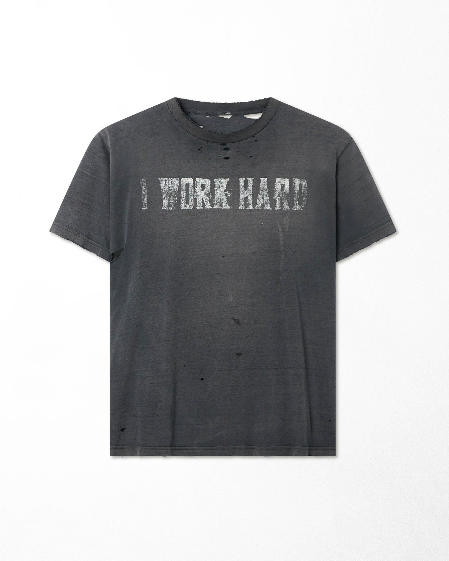 "I WORK HARD" BLACK FADED THRASHED T-SHIRT