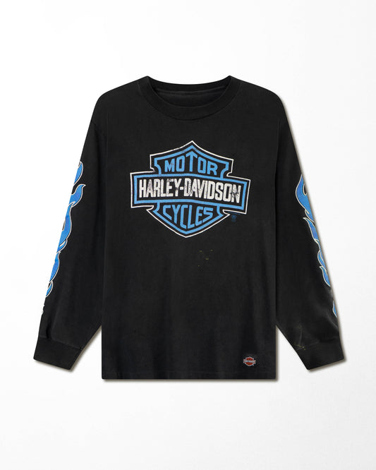 HANES HARLEY-DAVIDSON "BLUE FLAMES" BLACK FADED LONG SLEEVE T-SHIRT