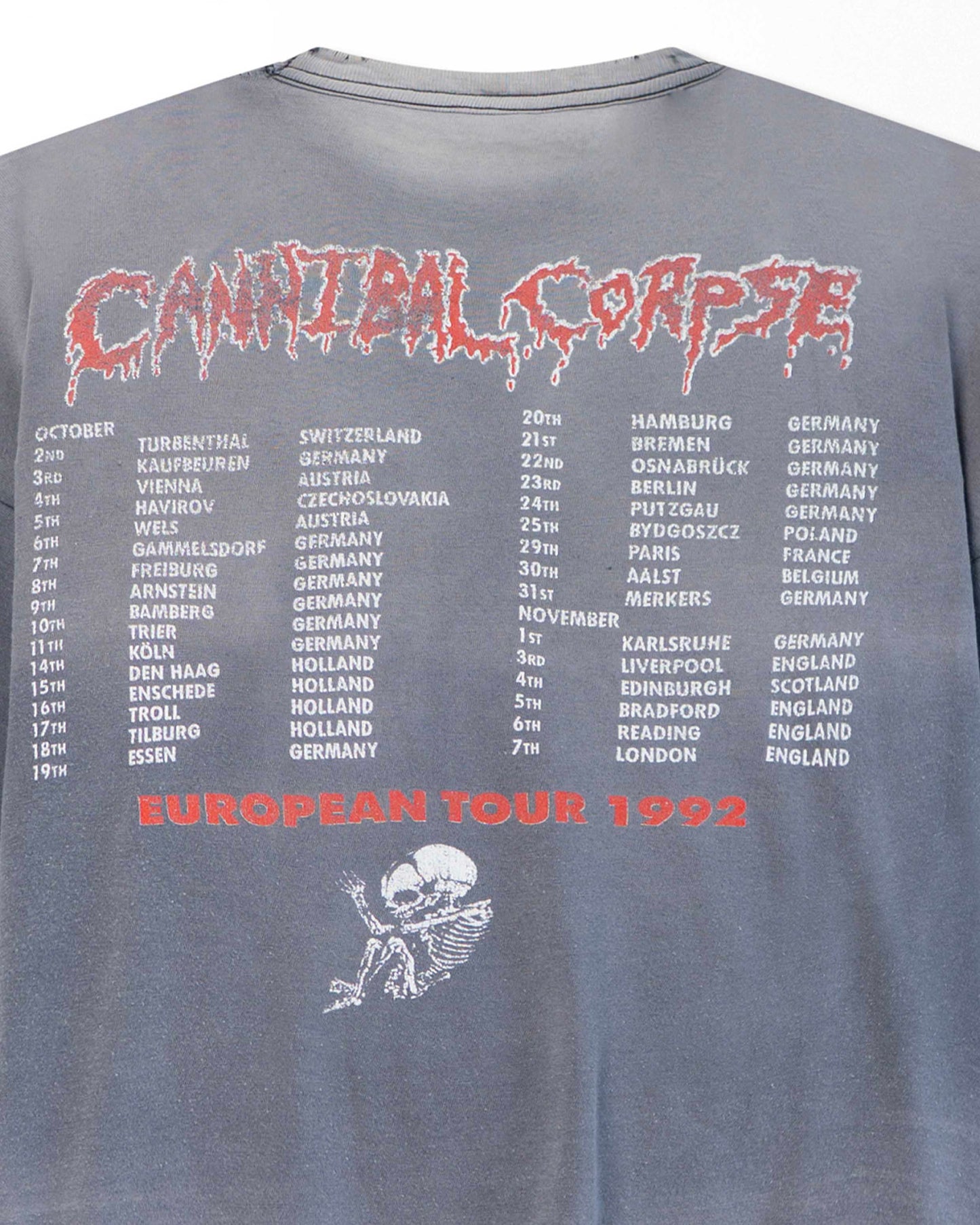 CANNIBAL CORPSE "EUROPEAN TOUR 1992" GREY FADED T-SHIRT