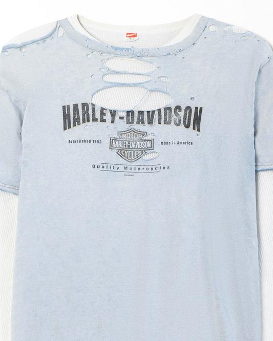 HARLEY DAVIDSON LIGHT BLUE THRASHED LAYERED T-SHIRT