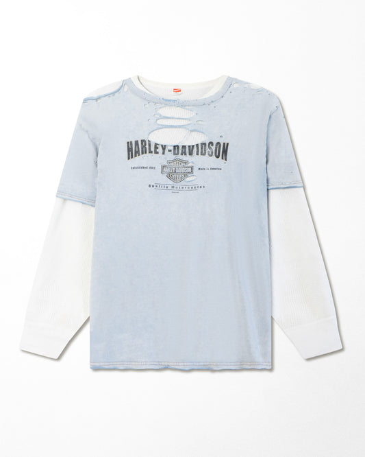 HARLEY DAVIDSON LIGHT BLUE THRASHED LAYERED T-SHIRT
