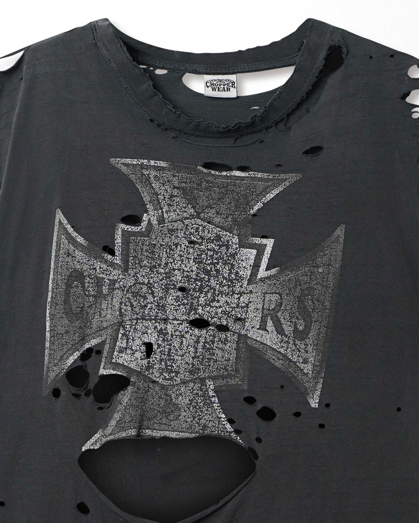 CHOPPER WEAR "IRON CROSS" NAVY FADED SLEEVELESS THRASHED T-SHIRT