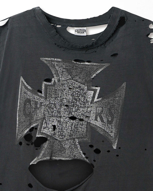CHOPPER WEAR "IRON CROSS" NAVY FADED SLEEVELESS THRASHED T-SHIRT