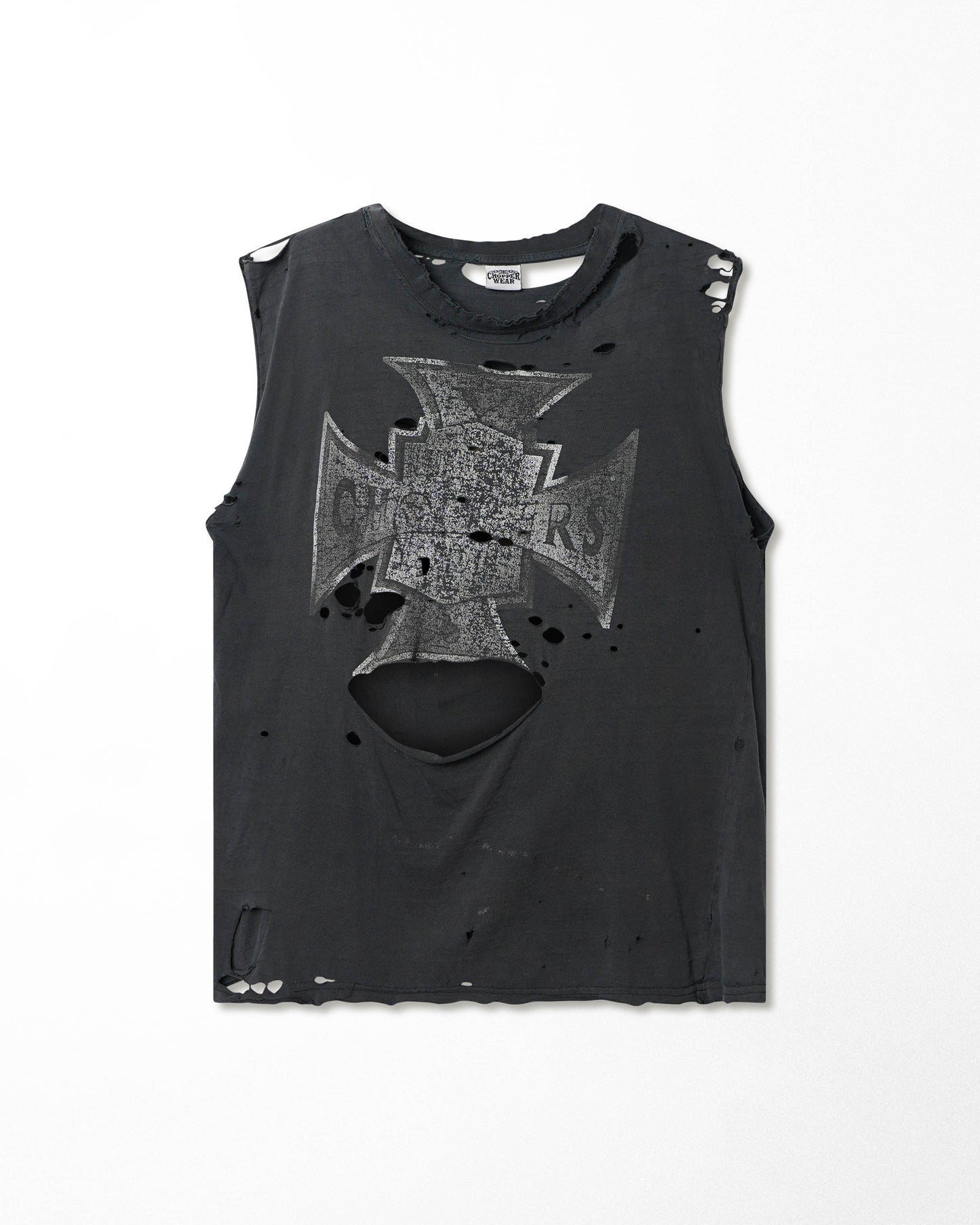 CHOPPER WEAR "IRON CROSS" NAVY FADED SLEEVELESS THRASHED T-SHIRT