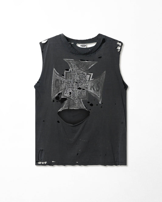 CHOPPER WEAR "IRON CROSS" NAVY FADED SLEEVELESS THRASHED T-SHIRT