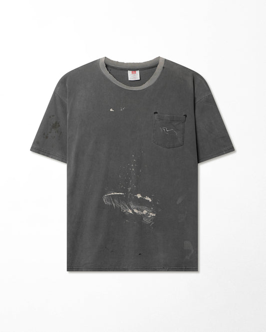 HANES "CAMEL" GREY FADED STAINED DISTRESSED POCKET T-SHIRT