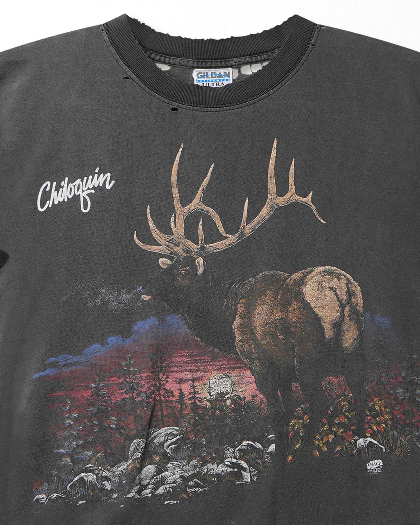 GILDAN "CHIDLOWIN ELK" BLACK FADED DISTRESSED T-SHIRT