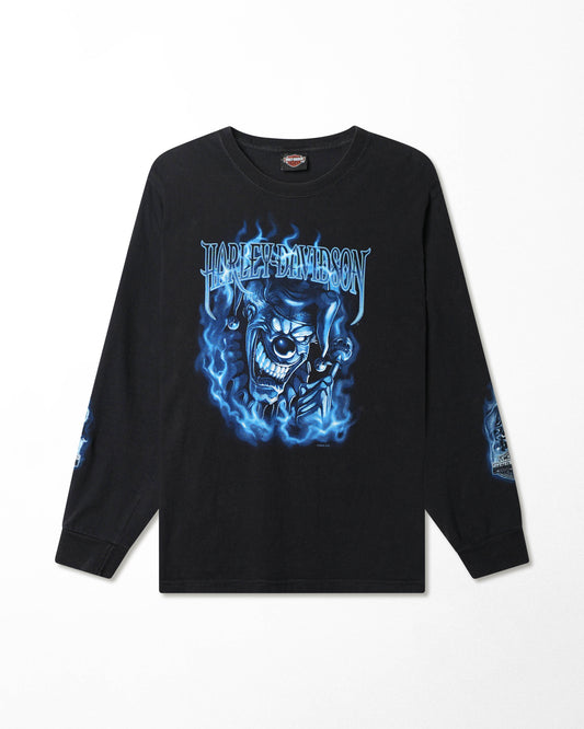HARLEY-DAVIDSON "BLUE FLAMES CLOWN" BLACK LONG SLEEVE T-SHIRT