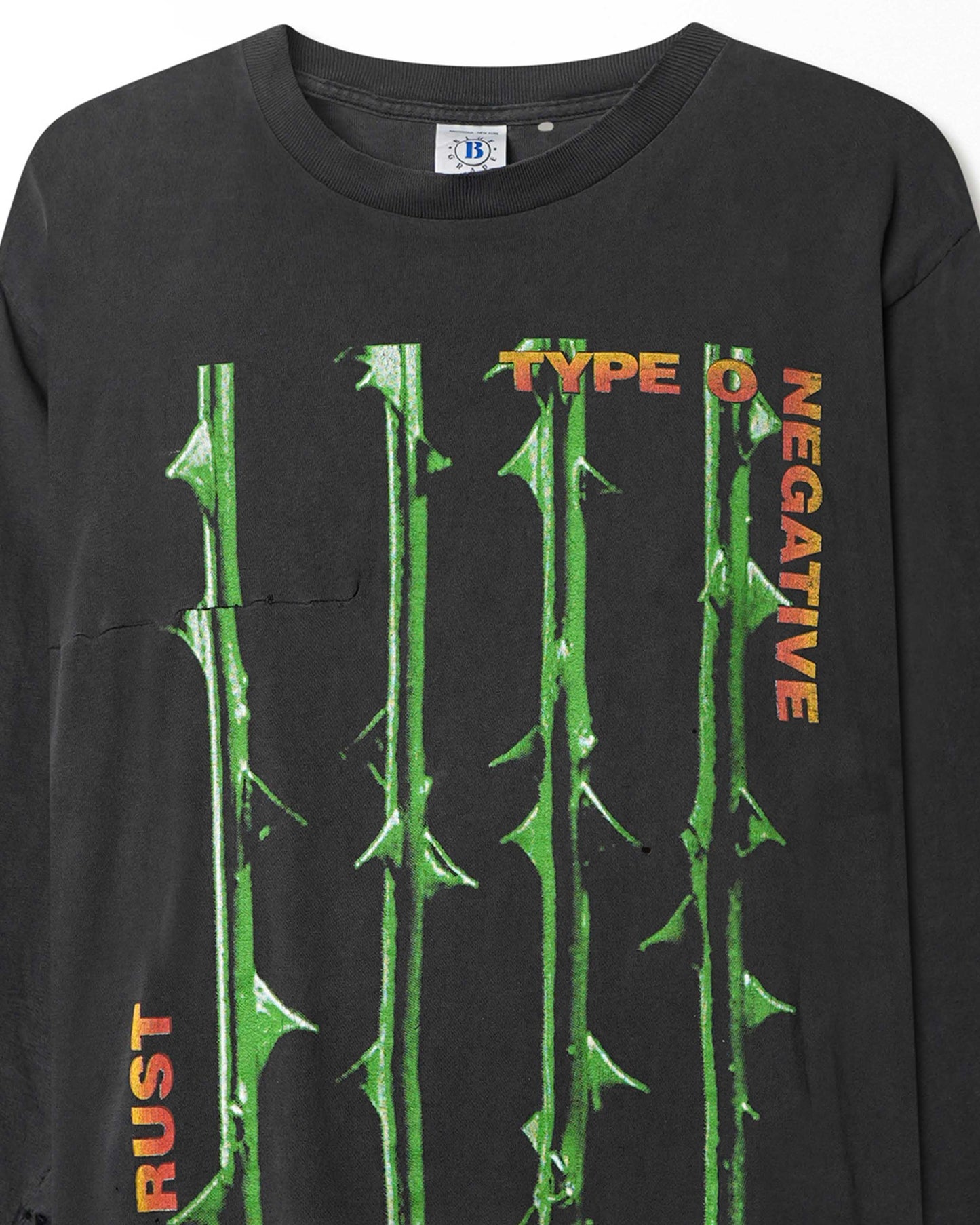 BLUE GRAPE "TYPE O NEGATIVE OCTOBER RUST" BLACK FADED THRASHED LONG SLEEVE T-SHIRT