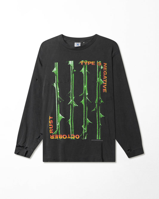 BLUE GRAPE "TYPE O NEGATIVE OCTOBER RUST" BLACK FADED THRASHED LONG SLEEVE T-SHIRT