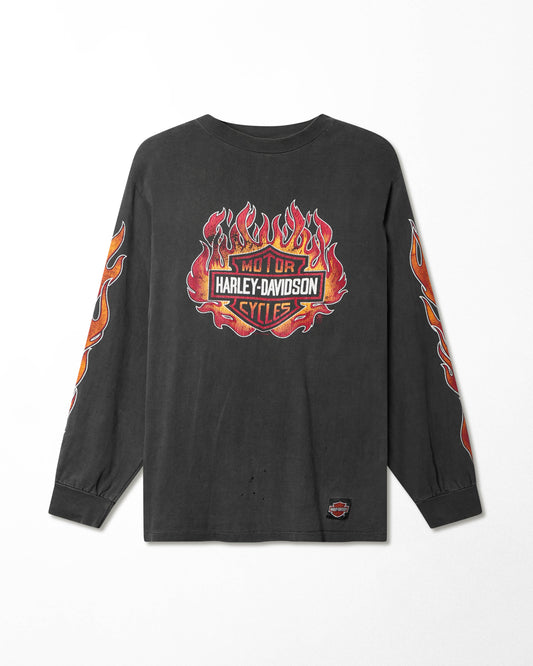 HANES HARLEY DAVIDSON "RED FLAMES" BLACK FADED LONG SLEEVE T-SHIRT