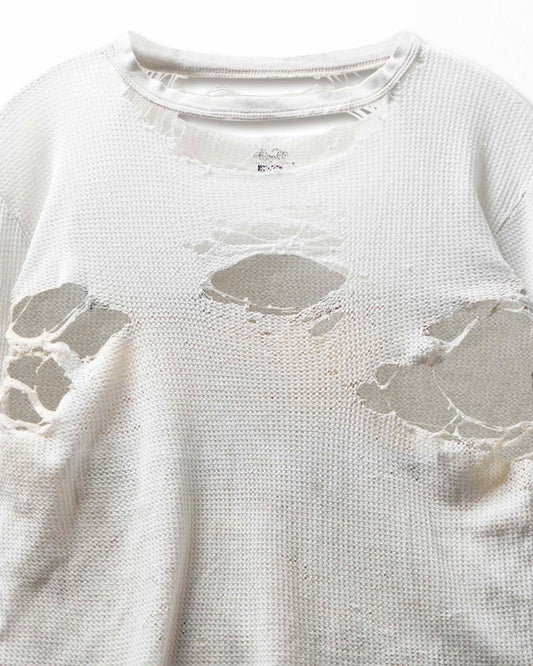 Vintage White Destroyed Stained Thermal T-Shirt - product view 2