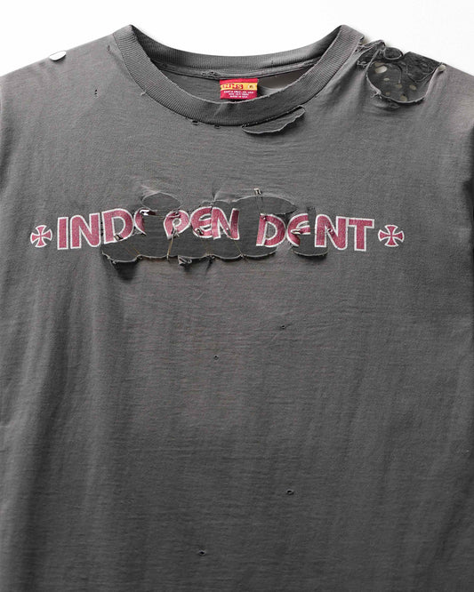 Vintage NHS "Independent Iron Cross" Grey Faded Destroyed Repaired T-Shirt - product view 2